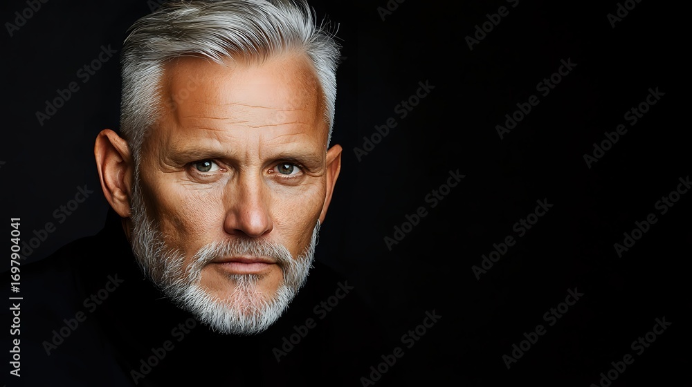Fototapeta premium Dramatic portrait of mature Caucasian male with silver hair and beard against dark background showcasing intense gaze and distinguished features. Professional headshot style lighting.