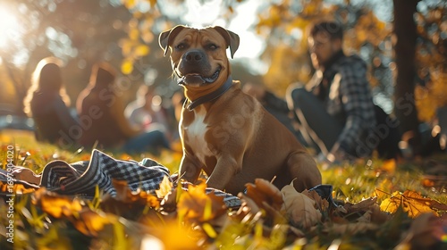 A dog enjoying a sunny autumn day in the park with people relaxing nearby
