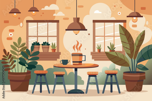 Stylish coffee shop setting with potted plants, natural lighting, wooden furniture, and a cozy ambiance, emphasizing relaxation and a connection with nature.