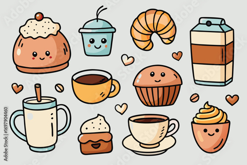 Adorable cartoon illustration featuring desserts, pastries, drinks, and cups with cheerful, happy facial expressions added for charm and delight.