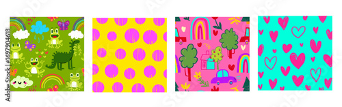 Bright kid rainbow school patterns with frogs, dinosaurs and cheerful doodles for children fabric or wallpaper design. Colorful polka dots, hearts with cars and trees for nursery textiles or paper