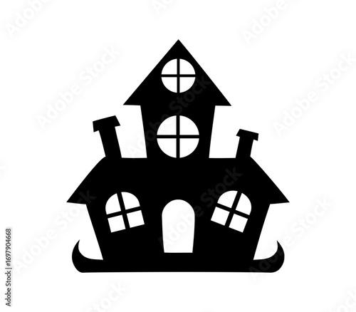 Spooky silhouette haunted house with crooked windows. house icon on black