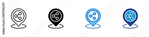 Share Location Multiple Style Icon Design Vector - Map pin with network nodes, symbolizing shared location, connection, or online geo service