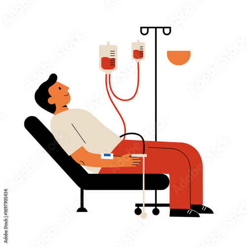 Patient receiving intravenous blood transfusion while sitting in chair  