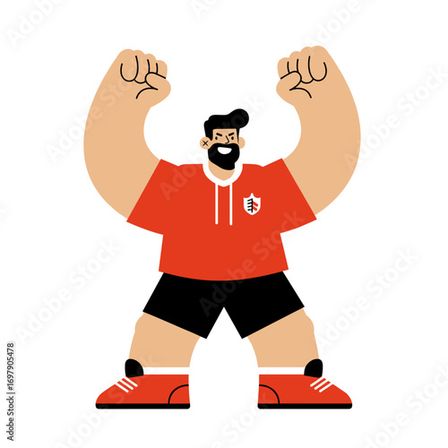 Strong man celebrating with raised fists in red sports jersey  