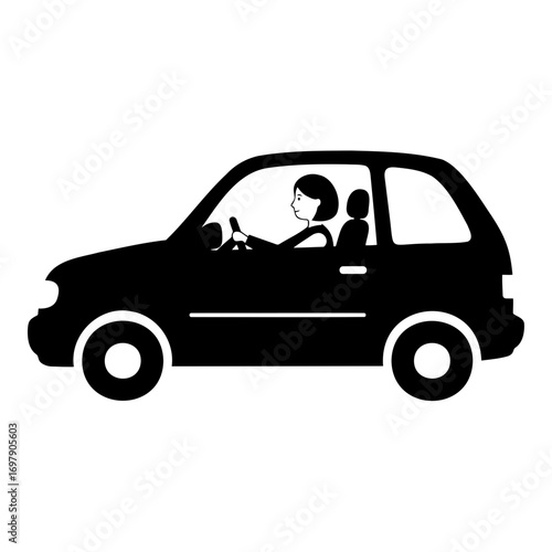 Driver in black car holding steering wheel on white background  