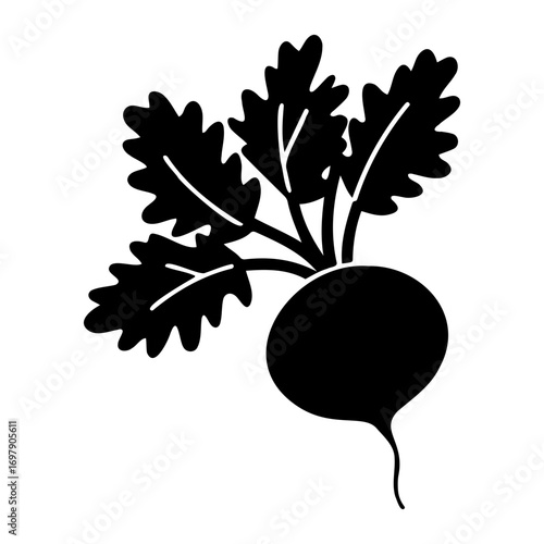 Black silhouette of a fresh radish with green leaves  