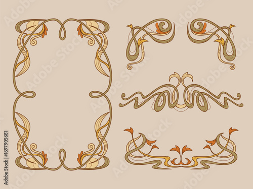Decorative elements in art nouveau style with flowing frame borders and curved motifs. Botanical designs with intertwined vines and leaves for vintage borders. Elegant dividers with organic patterns
