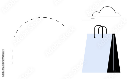 Single shopping bag with handle near dashed arc and cloud, expressing shopping journey, delivery, retail, e-commerce, simplicity. Ideal for online shopping, minimal style logistics. Flat simple