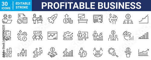 Profitable Business Icon Pack, Financial Growth, Investment, Money Management, Business Strategy, Global Finance, Line Icons.
