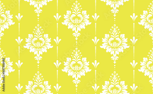 Wallpaper in the style of Baroque. White and yellow floral ornament. Seamless vector background. Graphic pattern for fabric, wallpaper, packaging. Ornate Damask flower illustration
