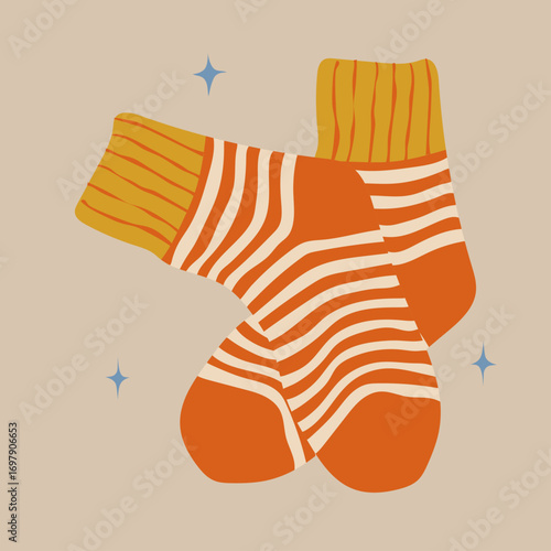 Cozy illustration of a pair of socks with a striped pattern in warm orange and yellow tones.