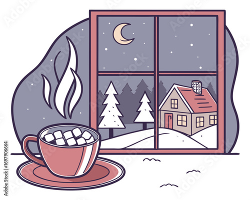 Warm cozy winter evening, cup of hot cocoa with marshmallows on a window table, snowy trees and houses visible outside, vector cozy winter illustration
