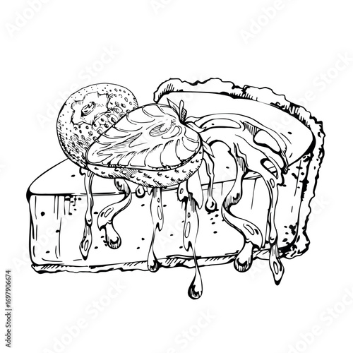Fresh cut strawberry on cheesecake wedge with berries and jam syrup glaze trickle. Illustration hand drawn in vector ink, isolated for baking blog, product packaging, gourmet food journal graphics.