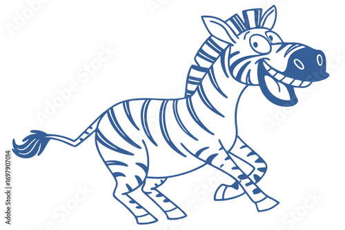 Joyful Cartoon Zebra Running on White Background, Simple Line Art