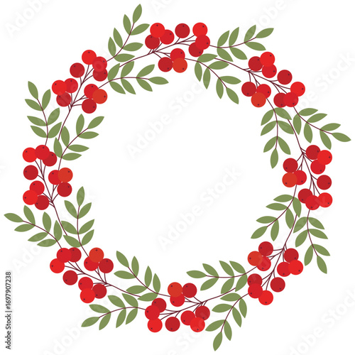 Round frame of rowan twigs clip art. Circular berry autumn rim. Fall cozy wreath, vector element