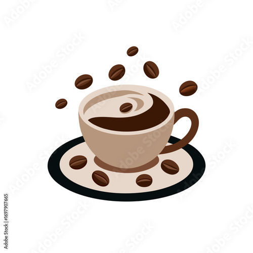 cozy latte cup with saucer  coffee beans around  o
