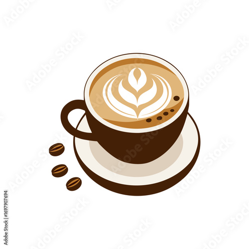 elegant cup of coffee with foamy latte art and bea