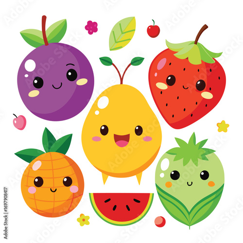 Cute cartoon fruits with happy faces, including a strawberry, pineapple, passion fruit, pear, and watermelon slice, in a kawaii vector style.