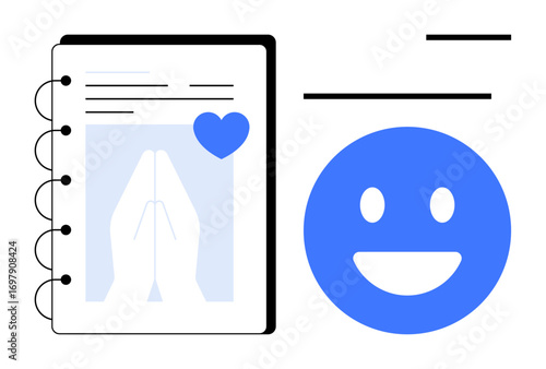 Notebook with prayer hands art and small heart, paired with cheerful blue smiling face. Ideal for gratitude, mindfulness, motivation, positivity, wellness, mental health, simple landing page