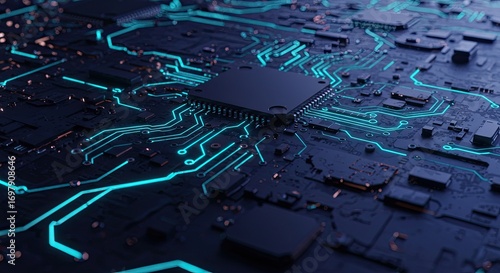 Futuristic glowing circuit board background in deep tones