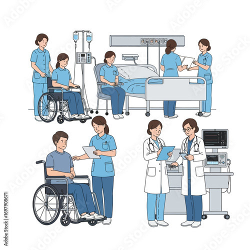 Vector art of medical staff caring for patients in hospital setting