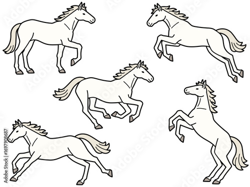 輪郭線付きの色々なポーズの白馬のイラストセット