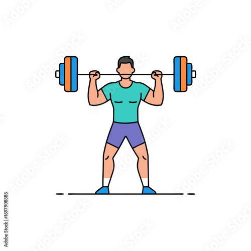 Dynamic line illustration of a fit man performing a weightlifting exercise, embodying strength, fitness, and an active lifestyle