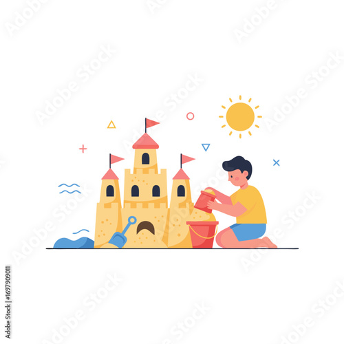 Kid Building Sandcastle at the Beach Summer Fun and Creative Activity Illustration