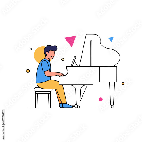 Musician Playing Piano Artistic Line Drawing with Geometric Shapes and Bright Colors