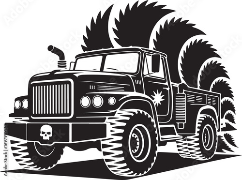 Heavy Duty Truck with Saw Blades and Skull Emblem Keywords: truck, heavy duty, military truck