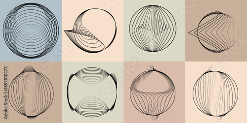 Lines and spirals in Circle Form .Rotate rounded shape Vector .Rotating dots form a circle .Rotating and linear design element . Various lines forming round shape . Abstract Geometric line art 