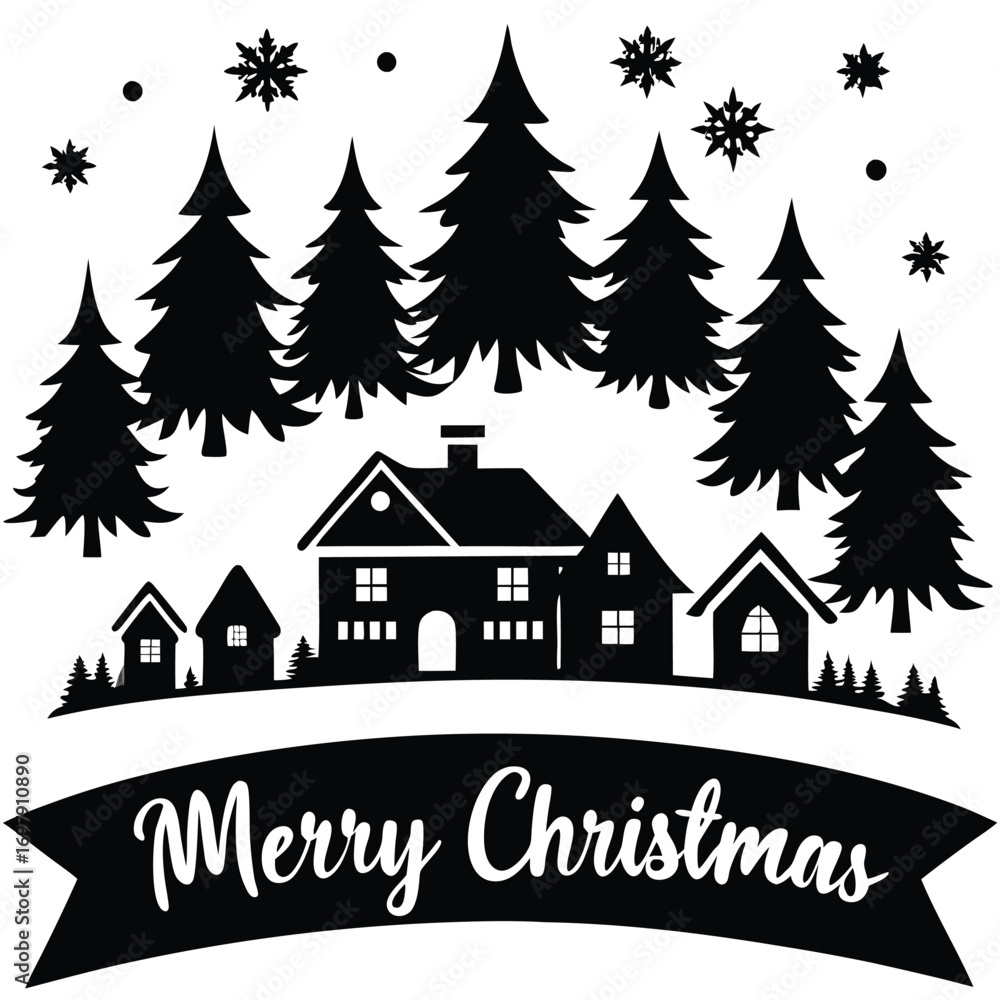 Obraz premium Merry Christmas village scene with houses and trees in silhouette