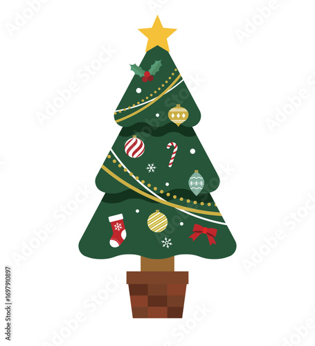 クリスマスツリーのイラスト　モミの木　星　オーナメント　12月　フラット　行事　イベント　飾り　装飾