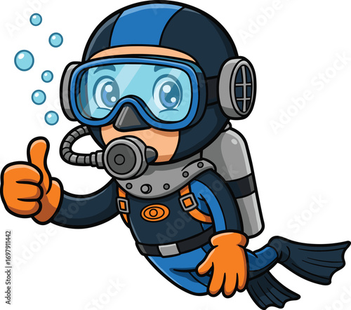 Cute cartoon scuba diver underwater with diving gear and oxygen tank, giving thumbs up, ocean adventure illustration for kids content.