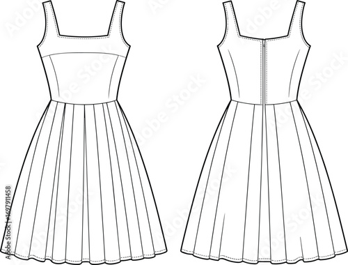 Sleeveless dress cad drawing flat vector illustration, fashion flat sketch, pleated skirt design, technical garment template, apparel design vector