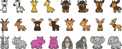 A cute collection of funny cartoon farm animals, Mammals, including, cow, and rabbit, as a vector illustration set for baby characters