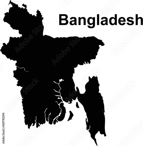 A black silhouette map of the country of Bangladesh with its name written in bold text on a white background.