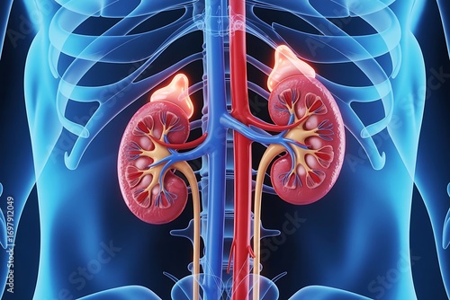 Anatomical illustration of the human urinary system highlighting the kidneys connected to the aorta and inferior vena cava