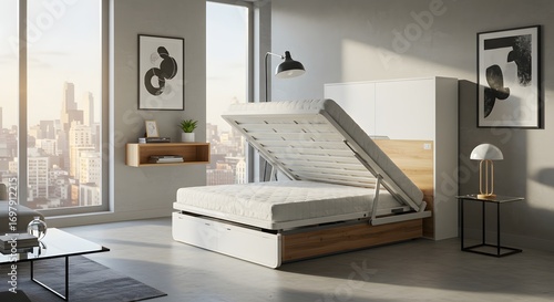 Modern bedroom featuring a lift-up bed with mattress, contemporary artwork, and large window overlooking a city skyline.