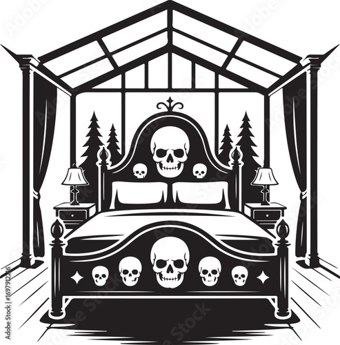 Gothic Bedroom with Skull Bed and Canopy Keywords: bedroom, bed, canopy bed, gothic, skull, skulls