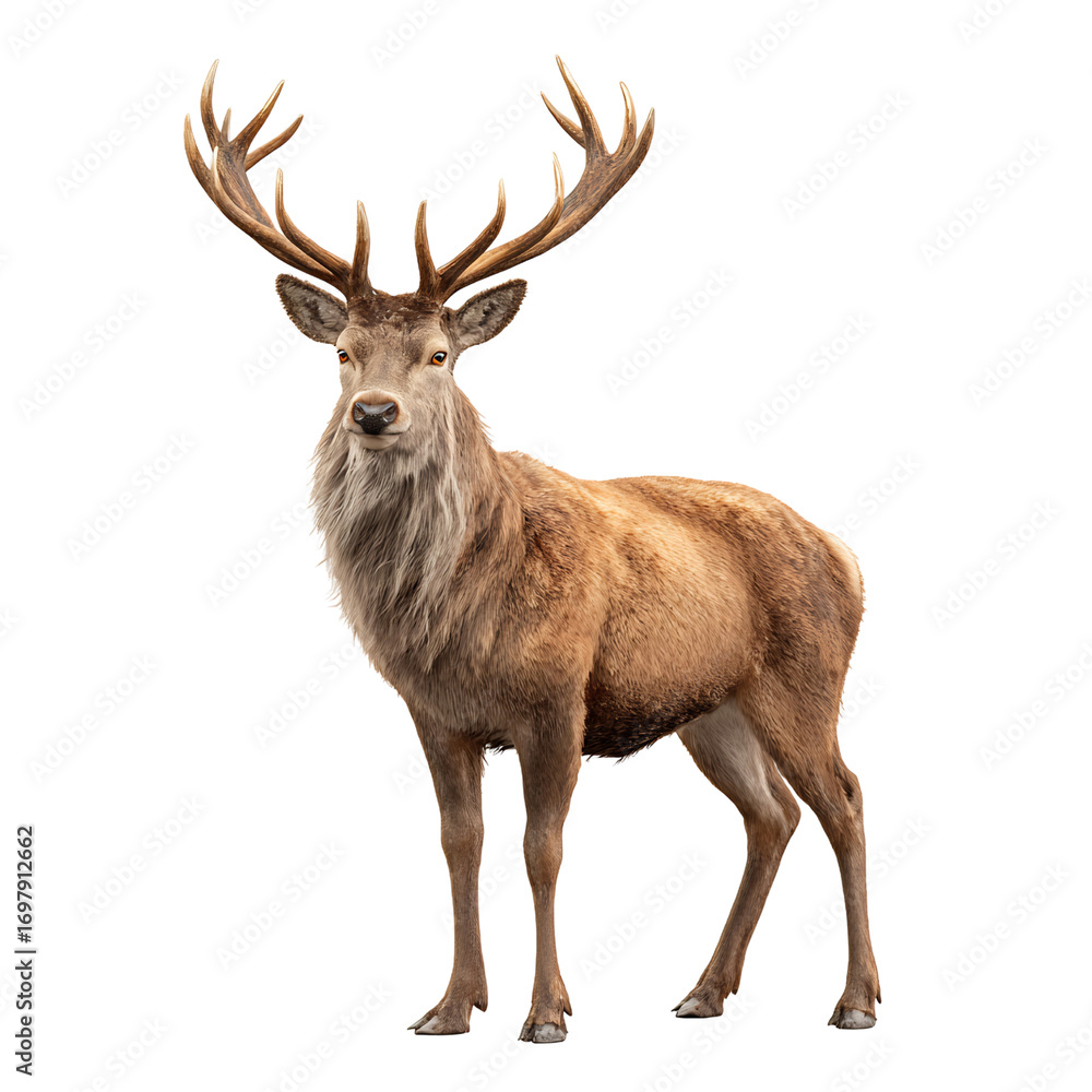 Obraz premium isolated deer stag with antlers, proud stance, autumn fur tones, transparent background, stock PNG, textured grain