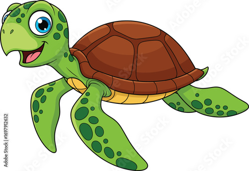 Cute cartoon sea turtle swimming, happy smiling turtle, green ocean turtle, adorable marine animal character illustration.