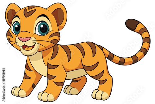 Playful Cartoon Tiger Cub, Orange Fur with Brown Stripes, on White Background