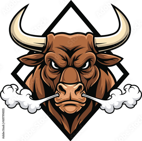 Fierce angry bull head with steam coming out of nostrils, aggressive strong animal mascot logo design in diamond frame.