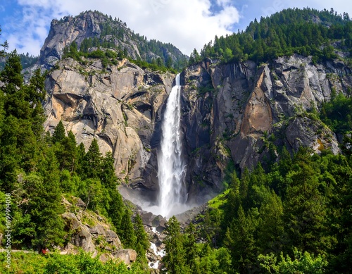 Majestic waterfall cascading down rocky mountainside