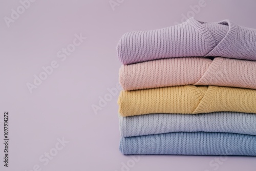 Stack of pastel colored sweaters on a light purple background, copy space