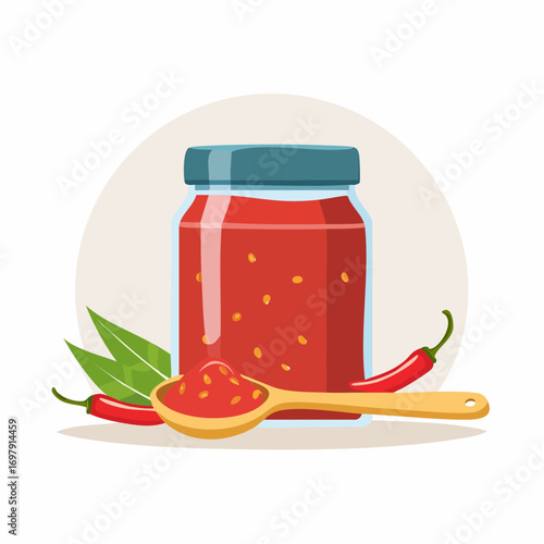 Bold Red Vector Food Illustration of Traditional Gochujang Paste with Chili Seeds and Minimal Style