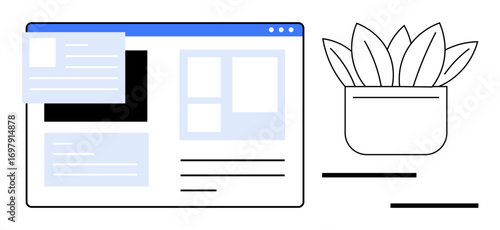 Webpage interface floating above a desk plant. Ideal for productivity, web design, digital workspace, organization, balance, creativity, modern aesthetics. Minimalist simple flat metaphor