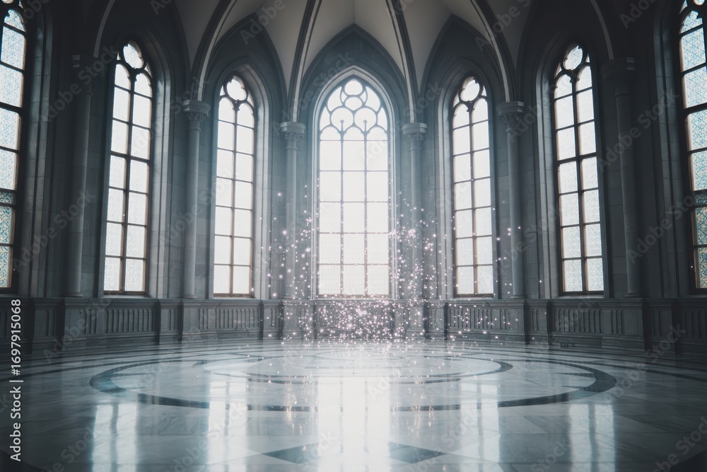 Naklejka premium Grand interior with gothic arches, large windows, and marble floor with light